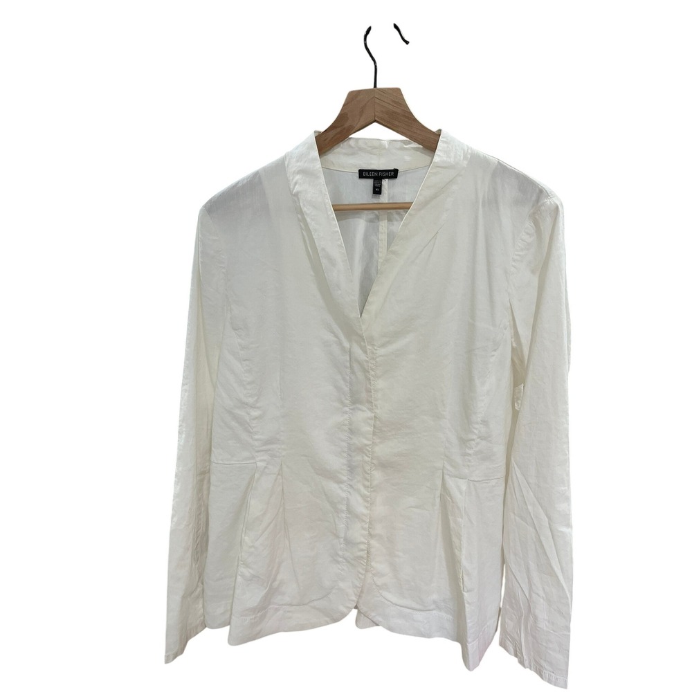 Eileen Fisher White Italian Fabric Zip Front V-Neck Jacket XL Blazer Womens